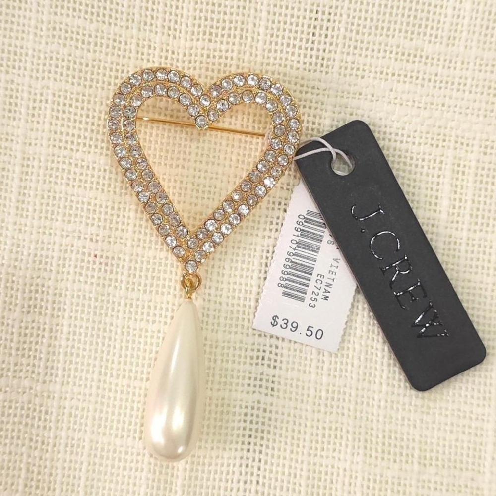 J Crew Crystal and pearl heart brooch - CS376